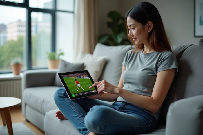Femme naviguant sur un site de streaming sportif depuis une tablette dans son salon