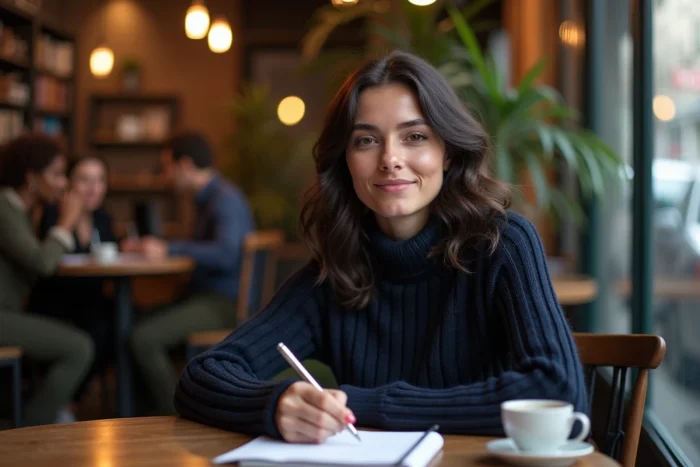 Jeune actrice en pleine discussion créative autour d'un script dans un café parisien