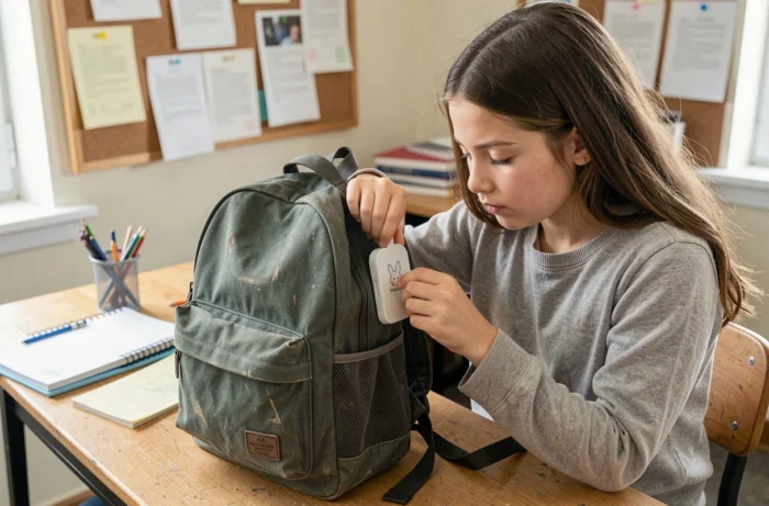 Adolescente fixant un traceur Rabbit Finder sur son sac à dos dans une salle d'étude