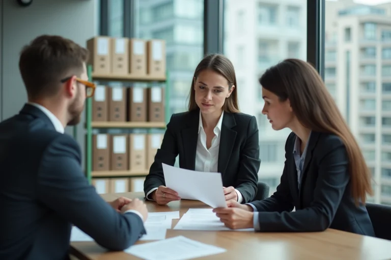 Femme professionnelle conseillant un couple dans une agence immobiliere