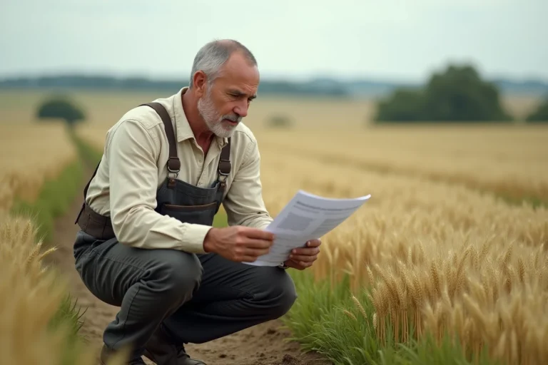 Agriculteur examinant un contrat de fermage au bord d'un champ de blé en France