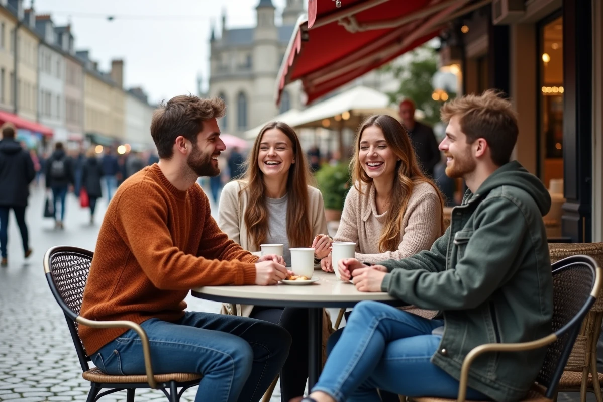 Groupe d amis riant au café à Quimper