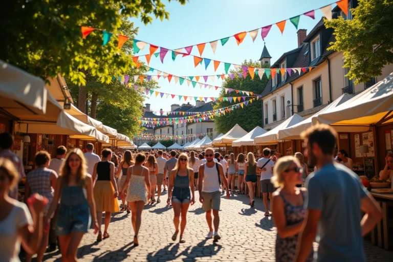 Scène animée d'une fête de village estivale avec des stands colorés, des guirlandes et une foule festive dans une place de village française