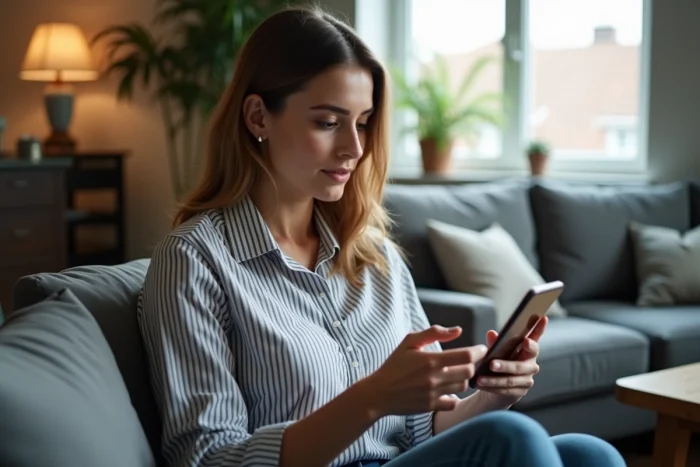 Jeune femme utilisant l'application mobile de La Banque Postale pour augmenter temporairement son plafond de carte bancaire