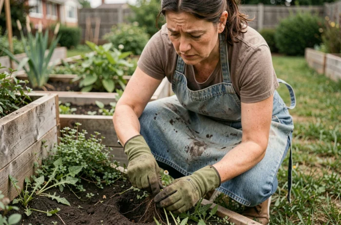 Femme arrachant des mauvaises herbes à la main dans un jardin potager avec des gants de jardinage