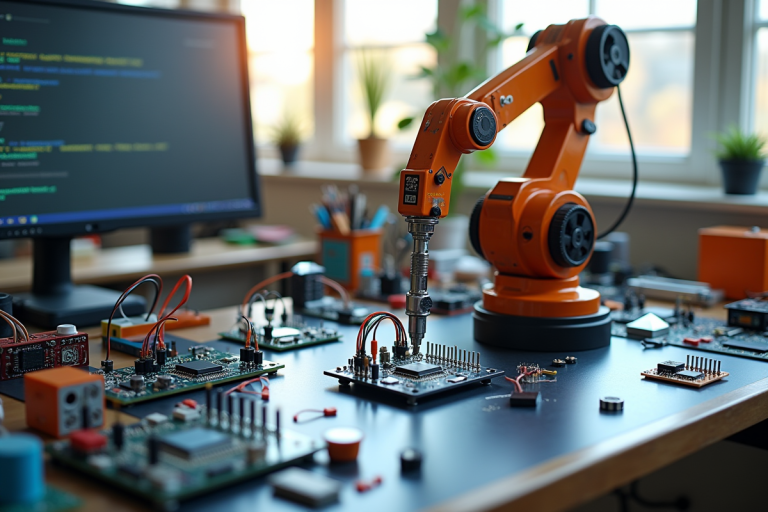 Banc de travail moderne avec microcontroleurs et bras robotique