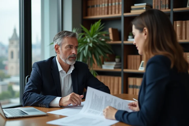 Avocat en costume navy expliquant des papiers juridiques