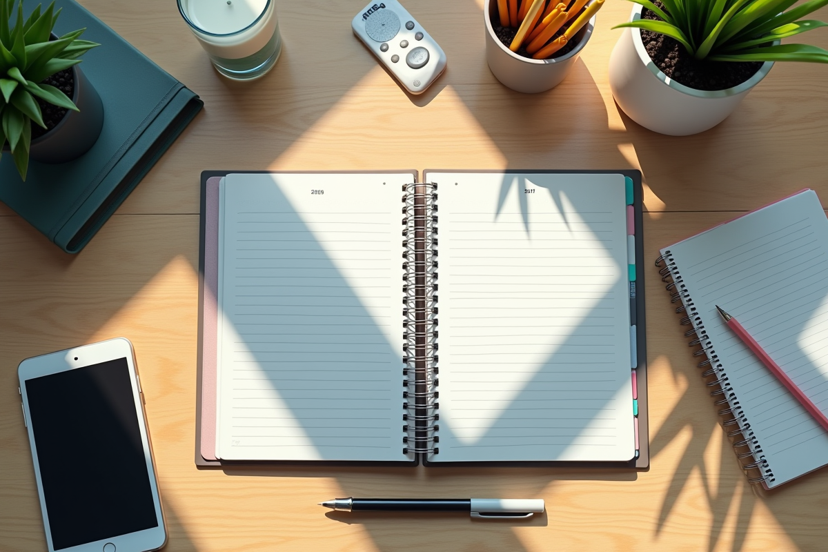 Espace de travail avec planner et fournitures scolaires