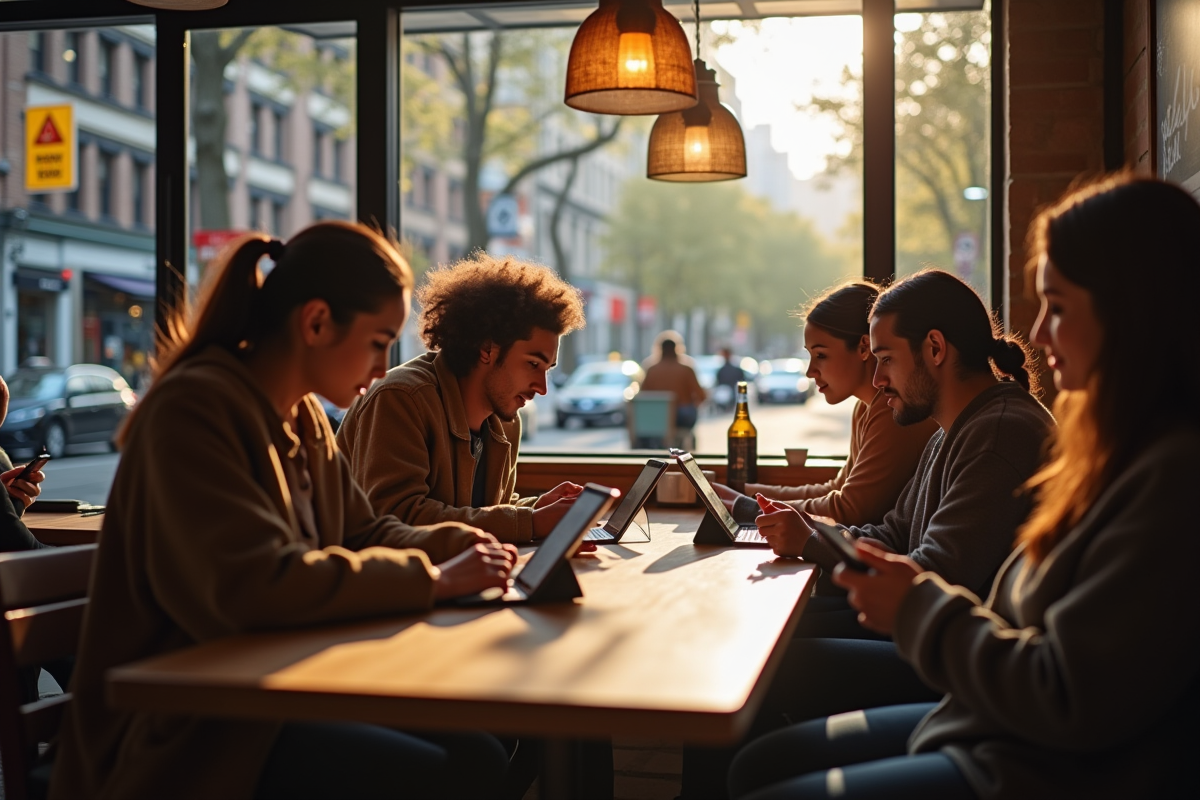Groupe de personnes dans un café urbain utilisant des tablettes