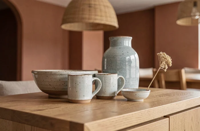 Vignette de céramiques artisanales sur un buffet : bol en grès tacheté, mugs faits main, vase en glaçure bleue et coupelle à l'huile
