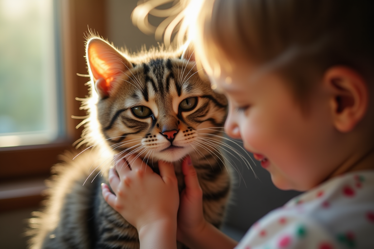Chat a un oeil caresse par un enfant dans une maison chaleureuse
