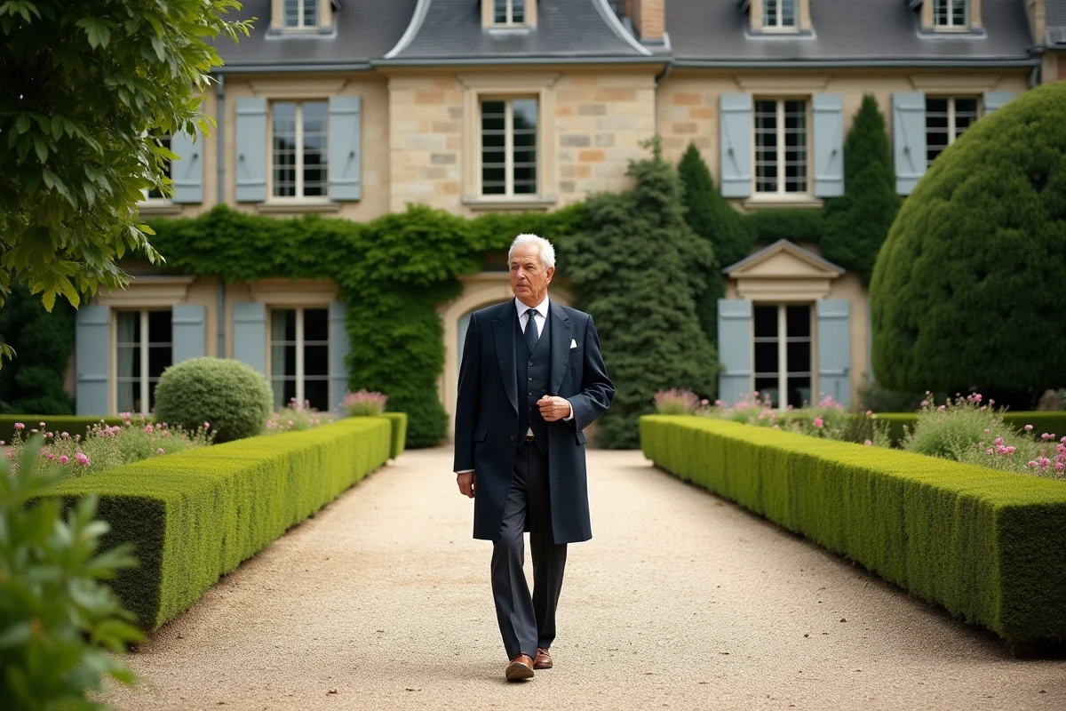 Vue d un manoir français avec homme en promenade dans le jardin