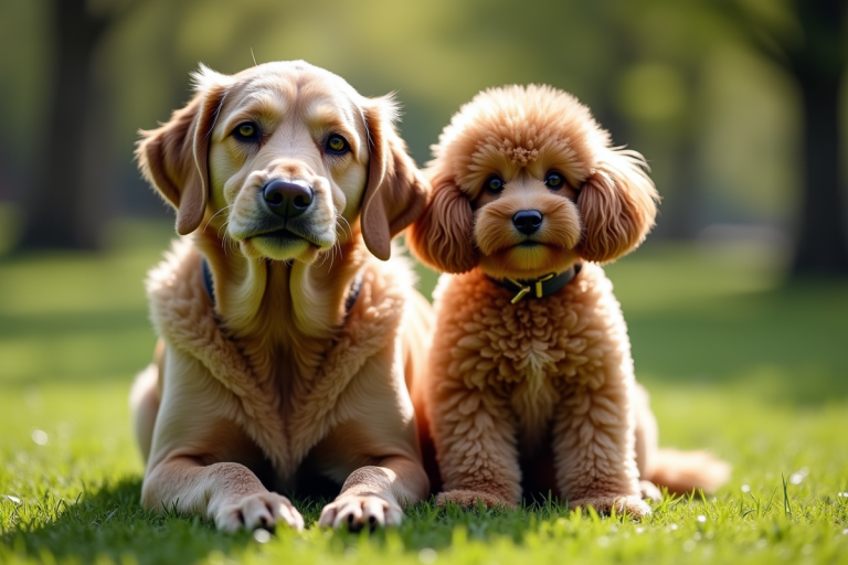 Chien vieux et poodle jeune devant un parc ensoleille