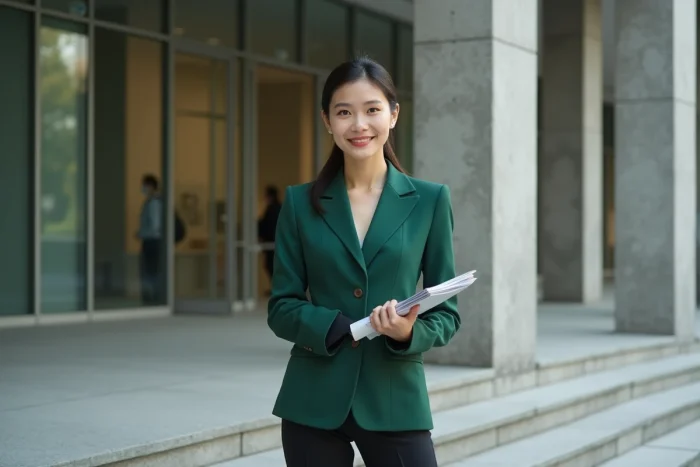 Clara Pésery en blazer vert posant devant une institution culturelle contemporaine lors d'un événement artistique