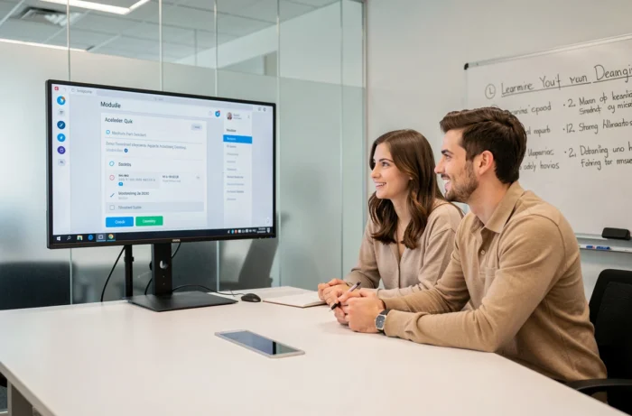 Deux jeunes professionnels collaborant sur une formation en ligne dans une salle de réunion moderne avec checklist de cours à l'écran