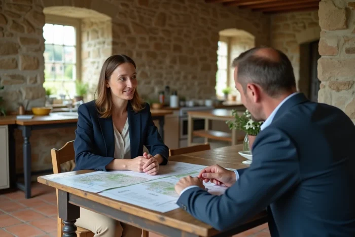 Conseillère en assurance agricole et fermier discutant d'un contrat d'assurance terrain en fermage