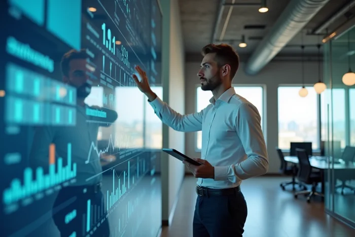 Consultant analysant un tableau comparatif des cabinets comptables sur écran interactif pour choisir entre Mazars et les Big 4 en 2025