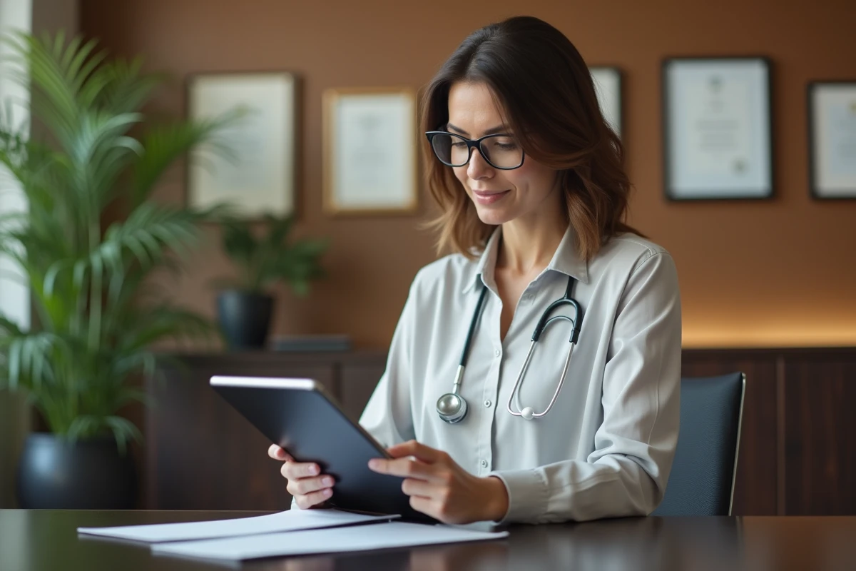 Femme médecin examinant des dossiers médicaux sur une tablette