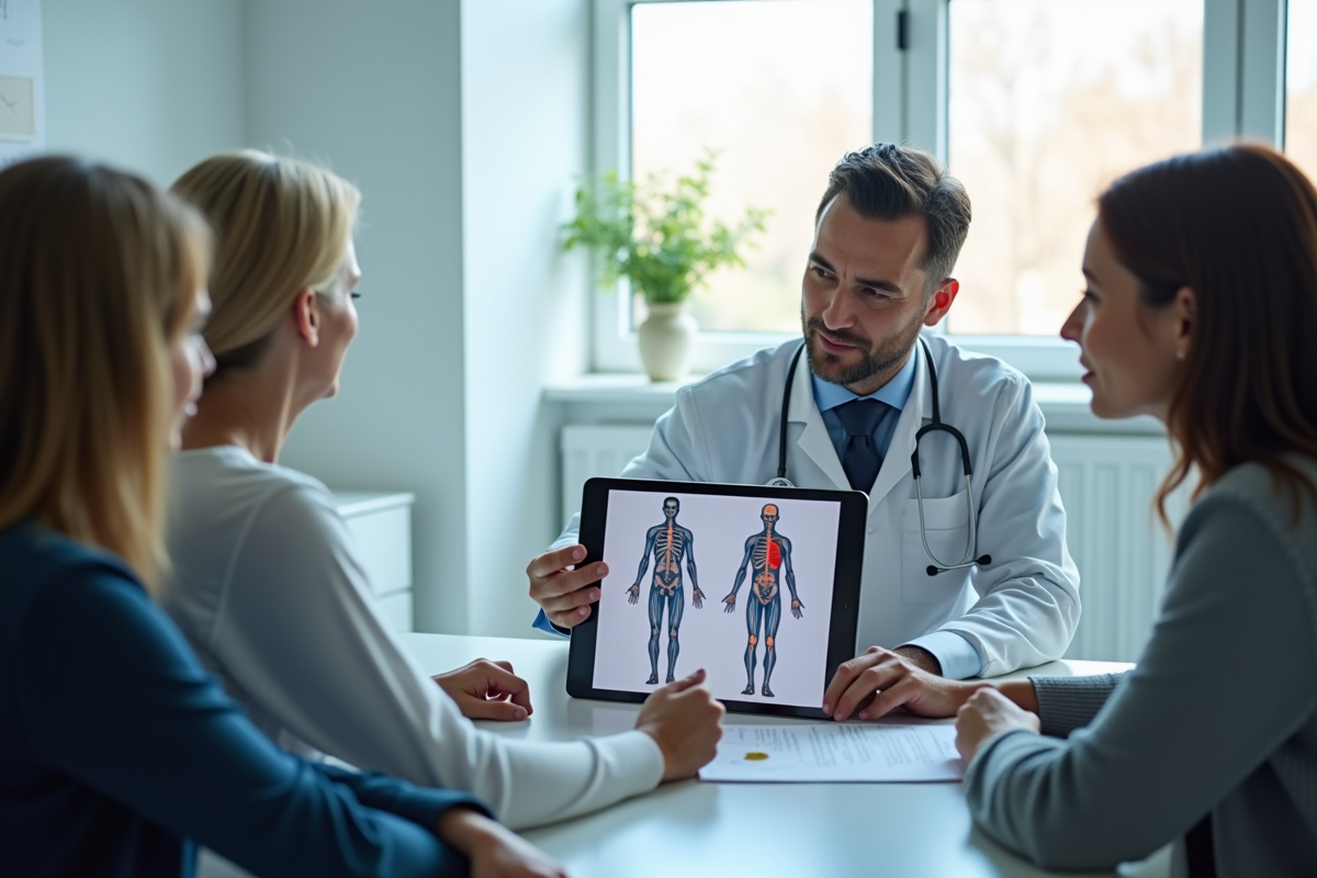 Médecin expliquant un diagramme du corps humain en consultation