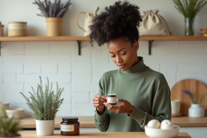 Jeune femme lisant les ingrédients d'un cosmétique bio dans une cuisine scandinave avec des produits naturels et emballages écologiques sur des étagères en bois