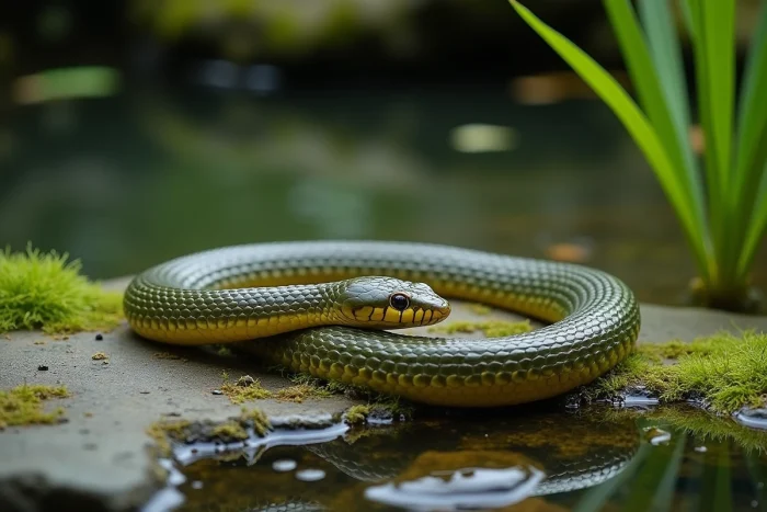 Couleuvre à collier reposant sur une roche au bord d'un bassin de jardin