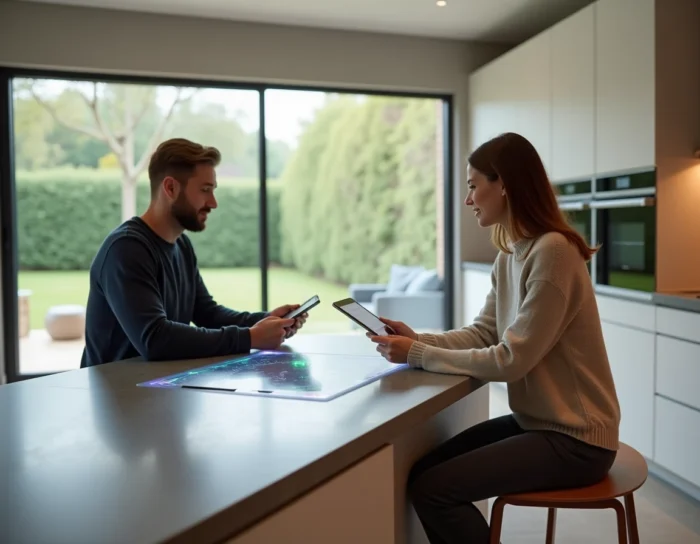 Couple utilisant des interfaces domotiques intelligentes dans une cuisine connectée moderne en 2024