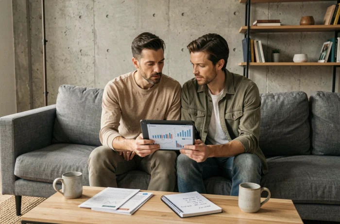 Couple examinant ensemble leurs finances personnelles sur une tablette dans un salon contemporain