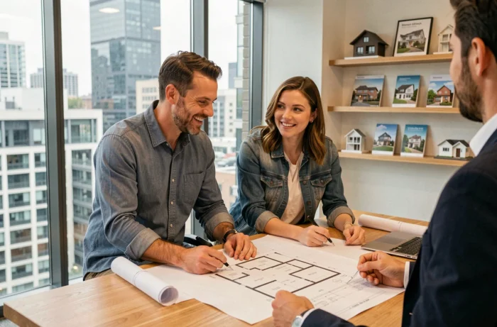 Couple consultant des plans immobiliers avec un agent dans une agence moderne en 2024