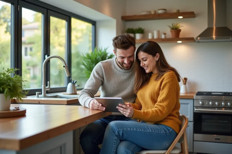 Jeune couple cherchant une maison avec tablette dans la cuisine