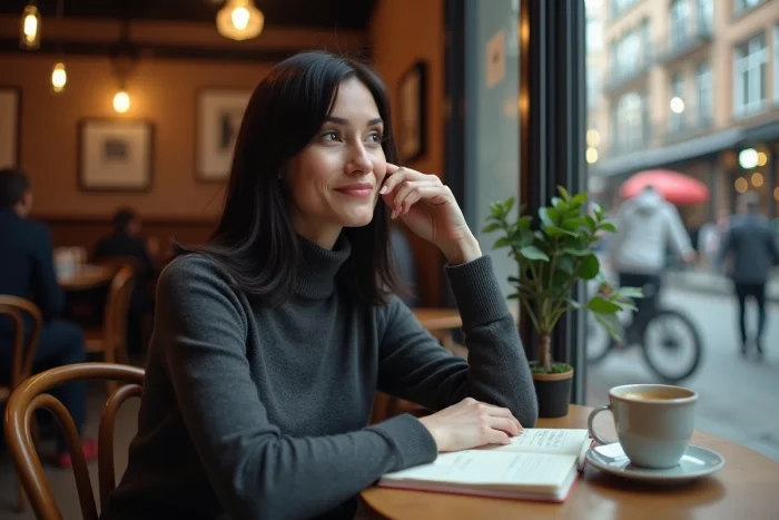 Femme pensive assise dans un café avec un carnet ouvert, illustrant une vie reconstruite loin des projecteurs médiatiques