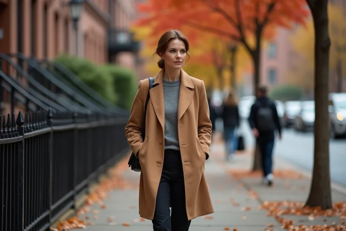 Femme marchant avec assurance sur un trottoir urbain en automne, symbolisant un nouveau départ discret après une vie publique
