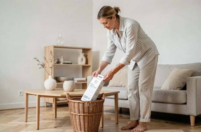 Personne déposant des objets dans un panier en osier lors d'un désencombrement, laissant tables et étagères épurées avant de décorer
