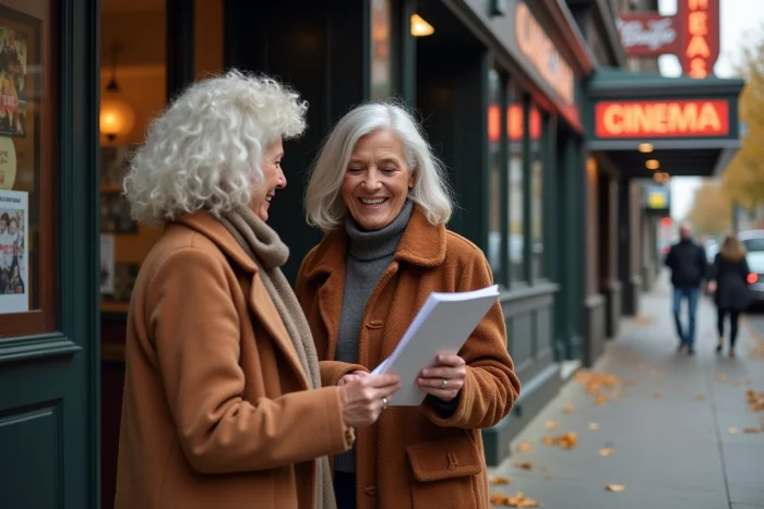 Deux femmes seniors consultent un programme de cinéma devant l'entrée d'une salle de cinéma en automne