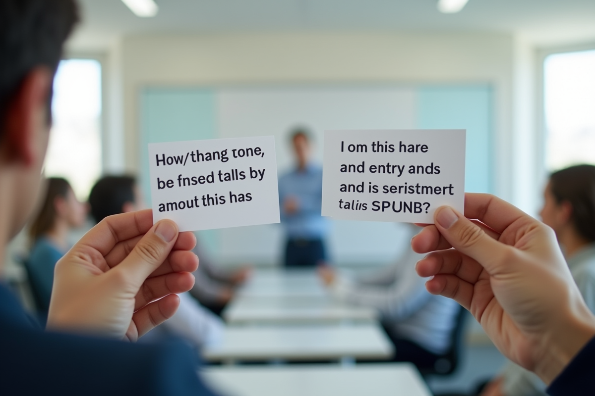 Deux mains tenant des cartes avec des phrases anglaises similaires
