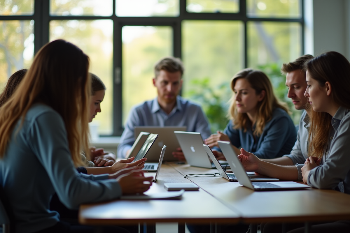 Groupe d enseignants utilisant divers appareils numériques
