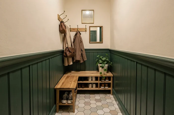 Couloir étroit aménagé en entrée fonctionnelle avec banc en chêne, patère en laiton, petit miroir et pot de lierre