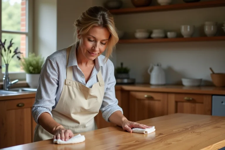 Femme entretenant une table en chêne massif avec de la cire d'abeille dans une cuisine de style maison de campagne française