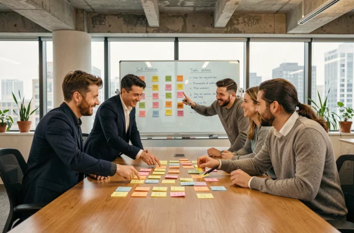 Équipe de professionnels collaborant autour d'un tableau de gestion de projet avec des outils visuels dans un bureau moderne