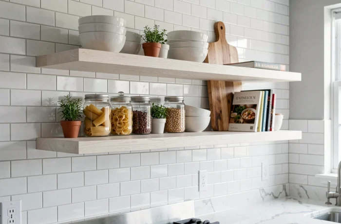 Étagères ouvertes en chêne dans une cuisine moderne avec céramiques, bocaux en verre, herbes aromatiques et livres de cuisine
