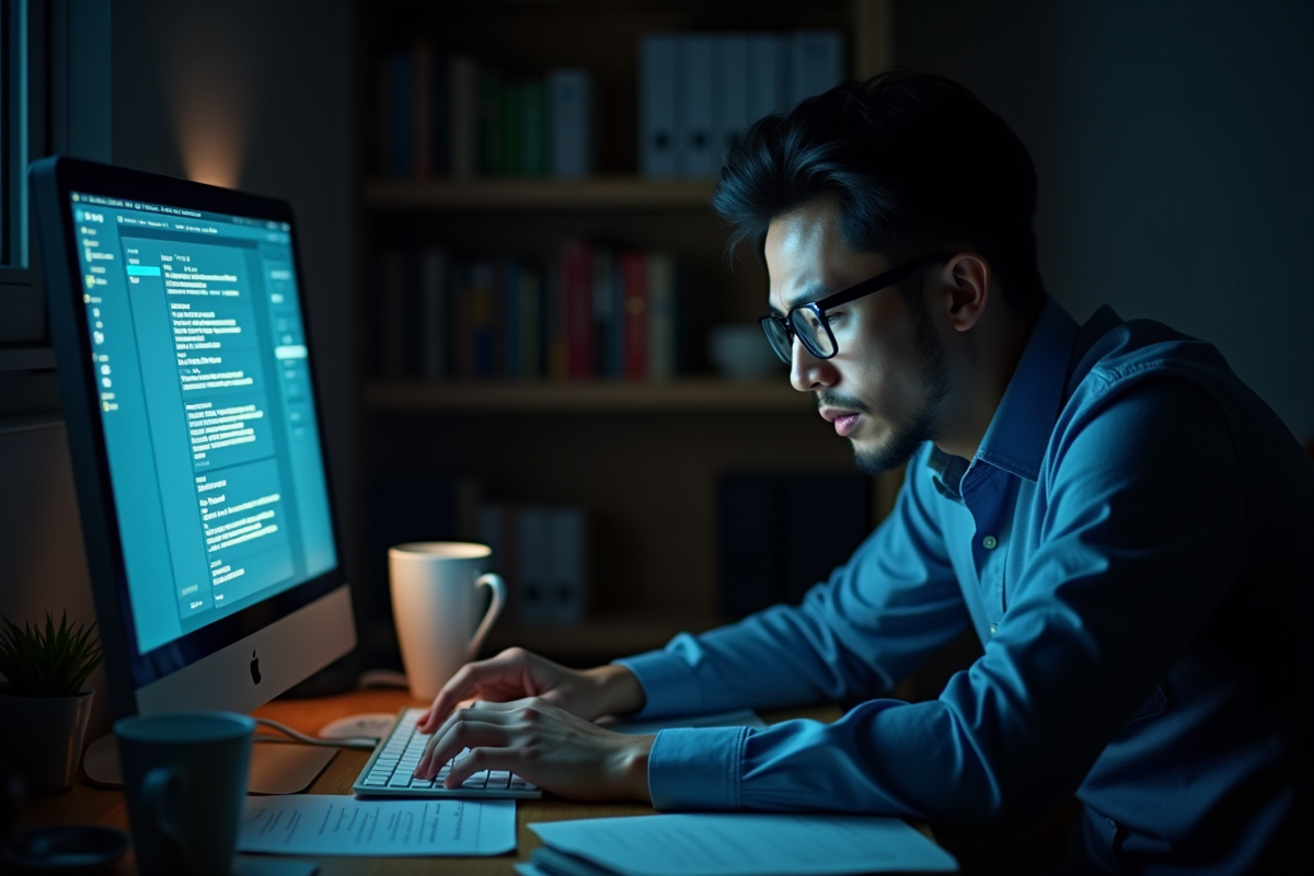 Étudiant frustré dans un bureau à domicile la nuit