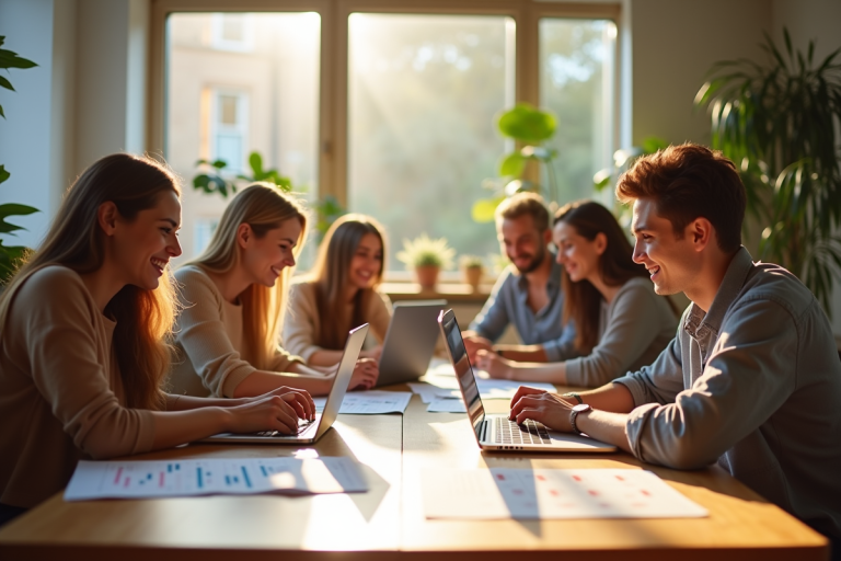 Groupe d'étudiants divers dans un appartement lumineux discutant de finances