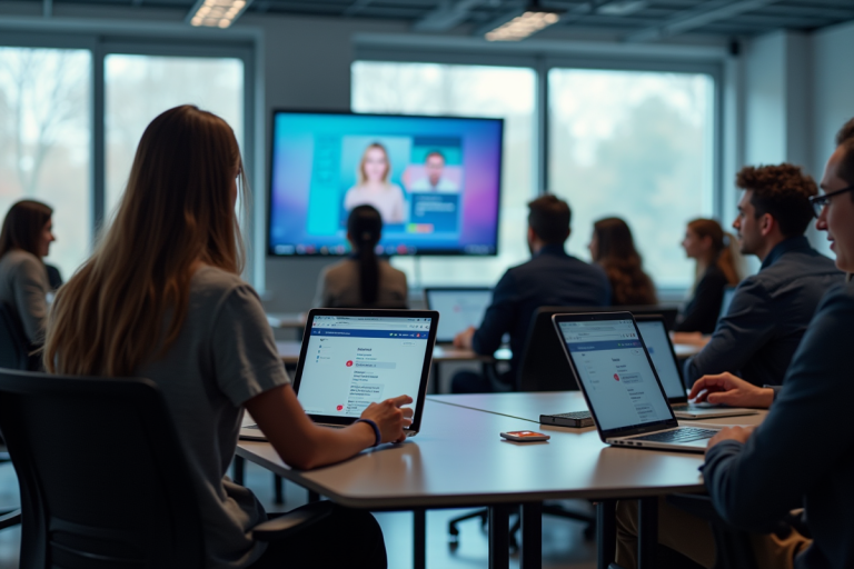 Groupe d'étudiants en salle numérique moderne avec écrans