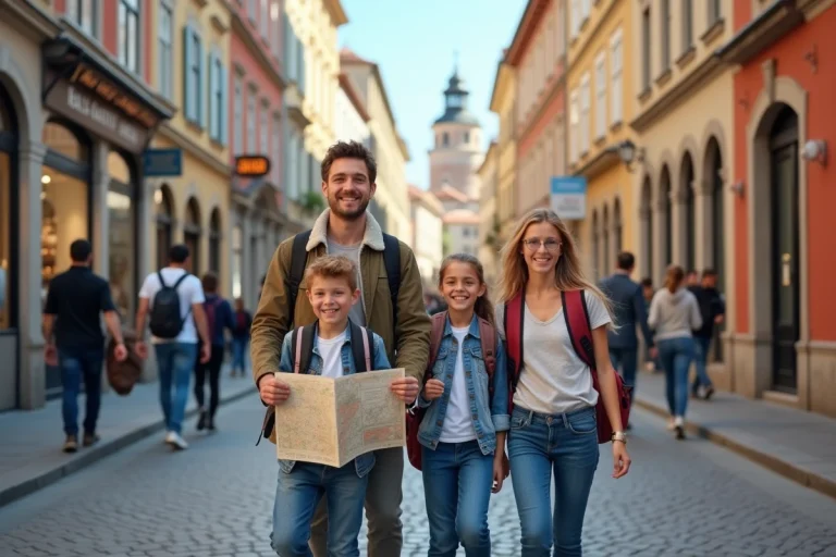 Famille souriante en voyage dans une ville européenne