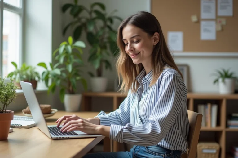 Jeune femme au bureau à domicile souriante et concentrée