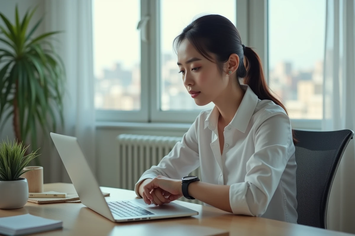 Jeune femme au bureau regardant sa montre avec impatience