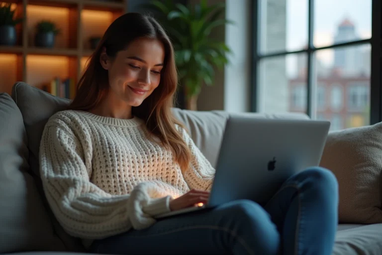 Jeune femme sur canapé regardant un site de streaming