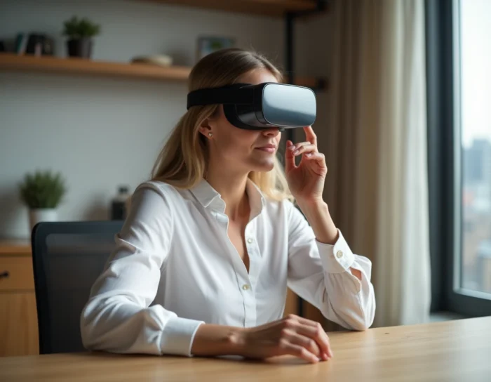 Femme utilisant un casque de réalité augmentée dans un bureau minimaliste moderne en 2024