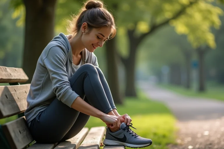 Femme en tenue sportive attache ses lacets dans un parc