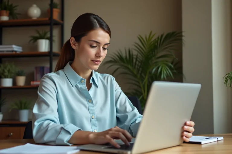 Femme consultant son compte bancaire en ligne sur un ordinateur portable pour augmenter son plafond à la Banque Postale