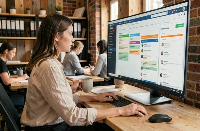 Femme utilisant un tableau de bord numérique de gestion de projet Kanban sur un grand écran dans un espace de coworking